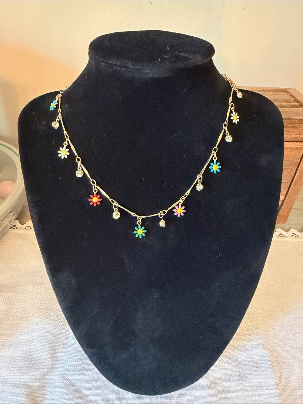 Gold-Tone Multi-Color Daisy Charm Necklace for Women